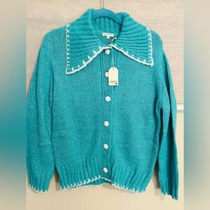 NWT JODIFL Teal Cardigan with White Accents! SZ Small oversized